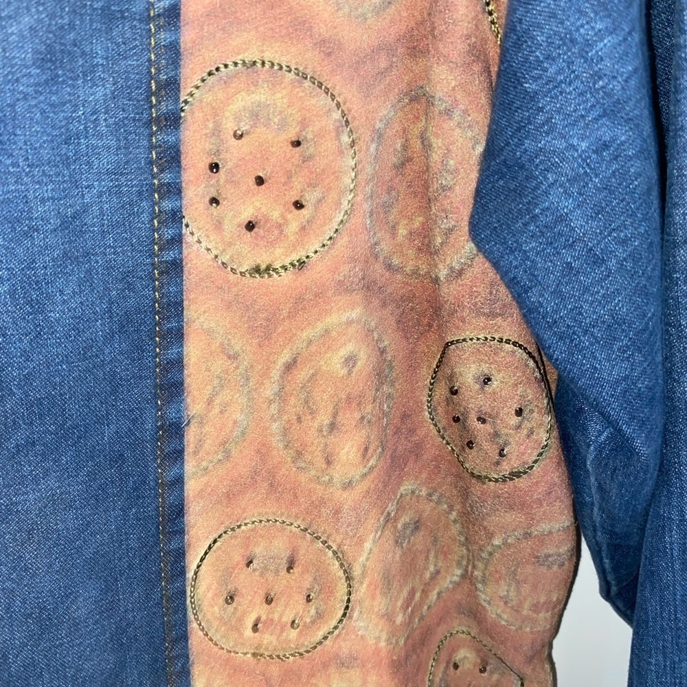 Vintage 90s Chico's Jean jacket suede panels Embroidery Beaded Asian Geisha - Picture 9 of 16